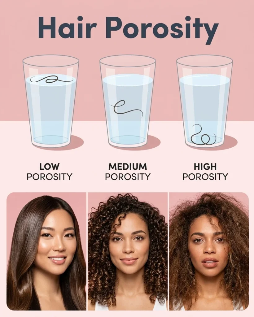hair porosity float test showing three glasses of water with hair strand floating at top for low porosity, suspended in middle for medium porosity, and sunk to bottom for high porosity
