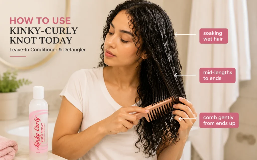 applying lightweight leave-in conditioner to soaking wet curly hair with wide tooth comb