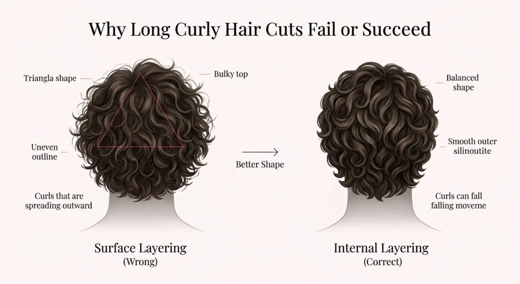 Diagram comparing surface layering and internal layering techniques for long curly men's hair