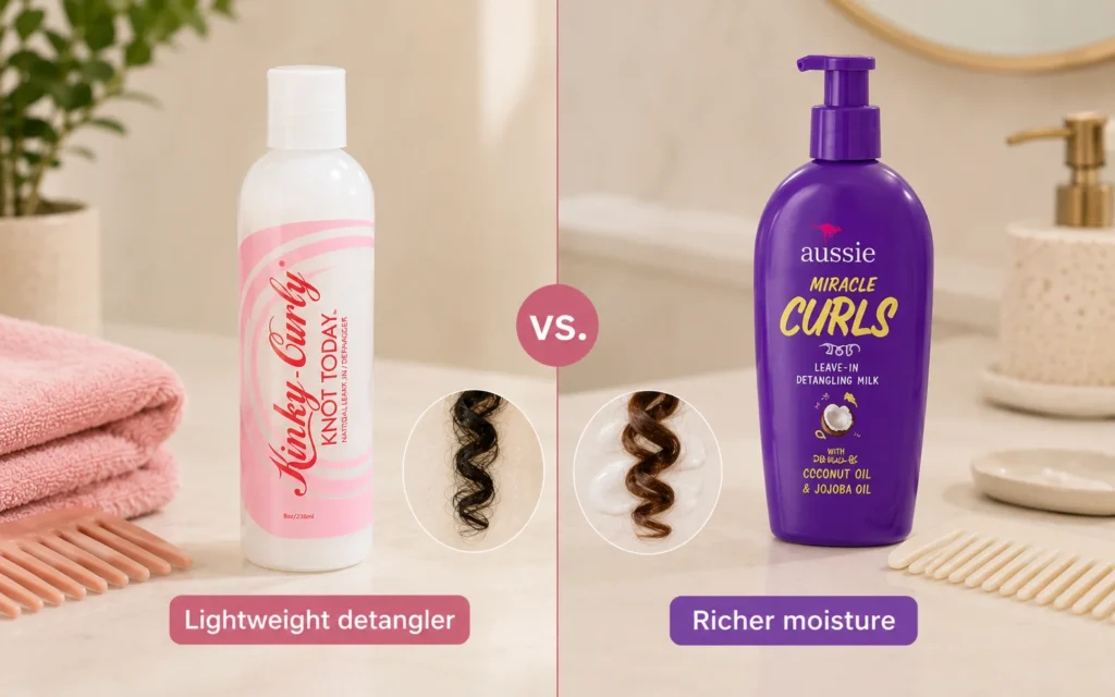 Kinky-Curly Knot Today vs Aussie Miracle Curls leave-in conditioner comparison for curly hair