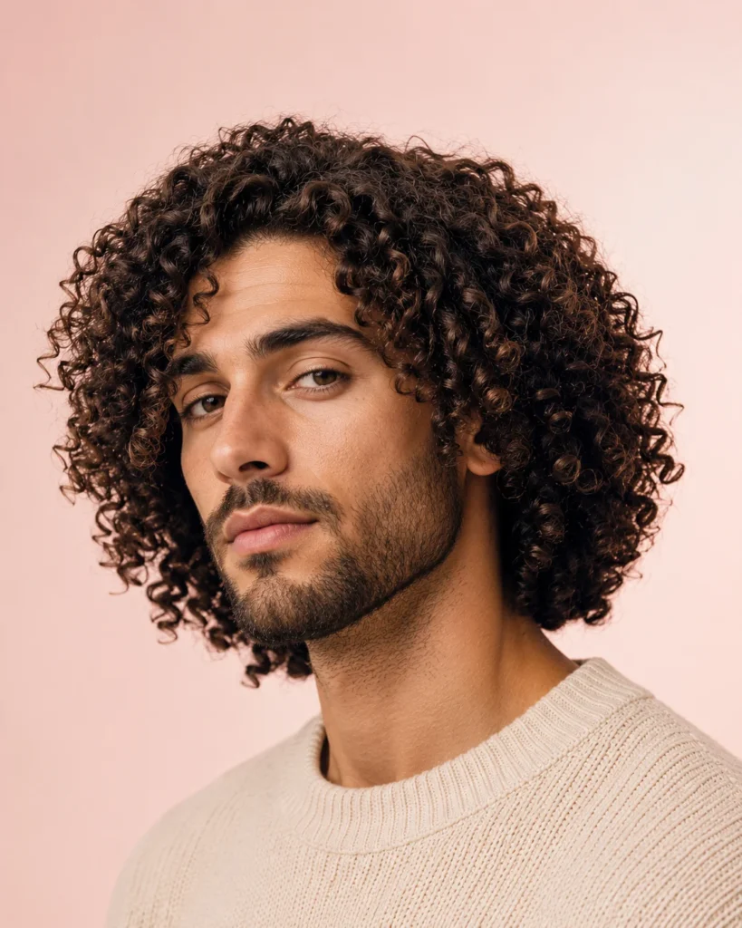 Man with 4a coily hair styled in loose mid-length mane shape with even volume