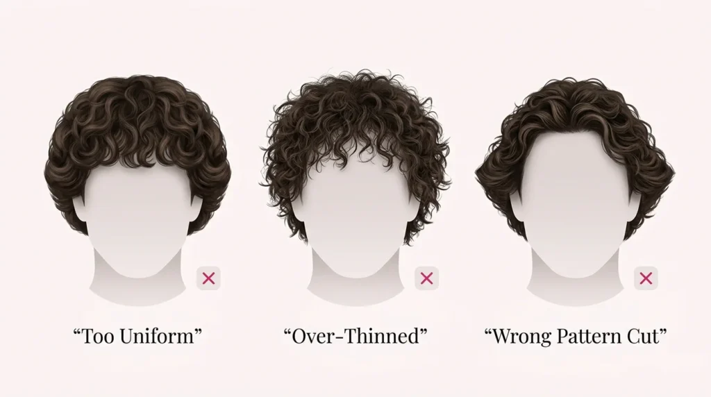 Diagram showing three common medium curly hair cut mistakes on men