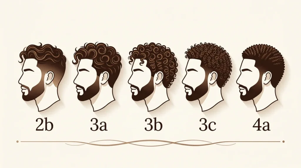 Diagram showing five male curl pattern types from 2b loose waves to 4a coils Title: Men's Curl Pattern Types Explained 