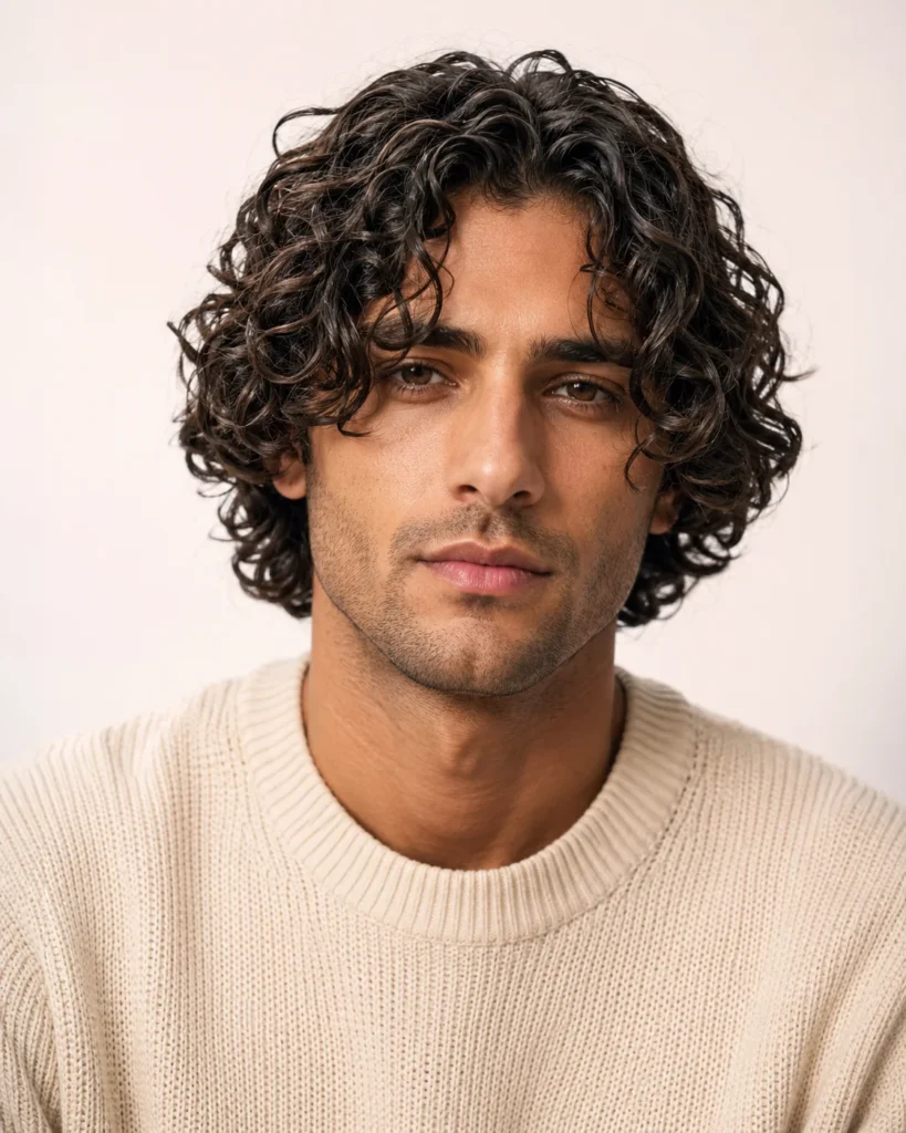 Man with 2c curly hair styled in mid-length curtain cut with center part