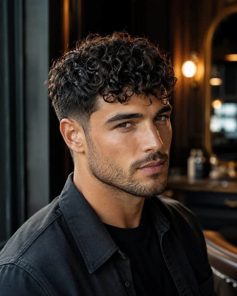Handsome man wearing a modern curly crop with a low taper
