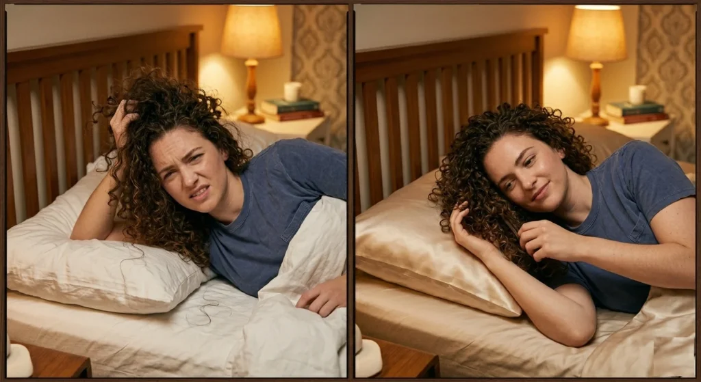 showing overnight frizz protection methods including silk scrunchie pineapple updo satin bonnet and satin pillowcase 