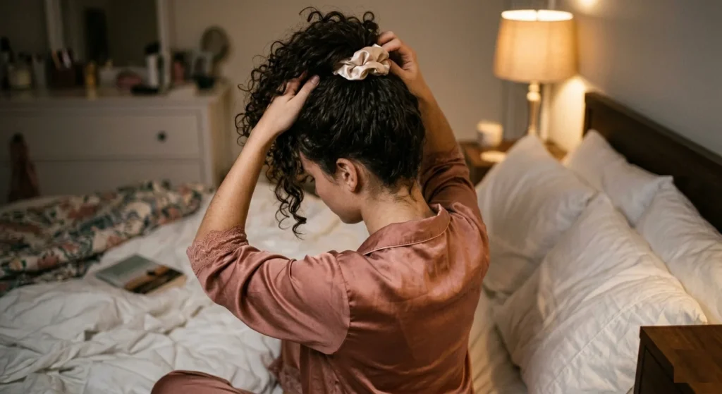 Woman pineappling curly hair on top of head with satin scrunchie before bed 