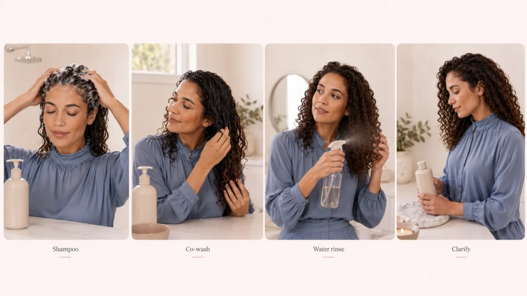 curly hair guide showing when to shampoo co-wash rinse or clarify