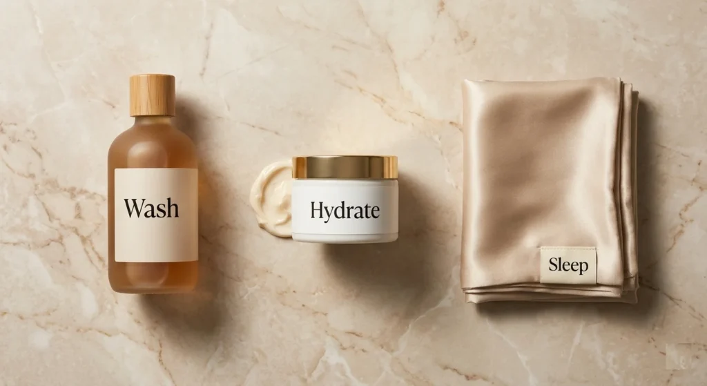 Flat lay of sulfate-free shampoo, curl cream, and satin pillowcase for daily curly hair routine 