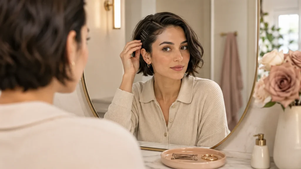 short hair pinned behind one ear with bobby pins and asymmetrical style
