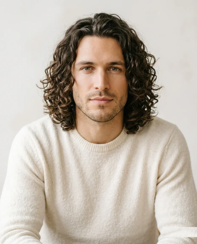 Man with shoulder-length 3a curly hair styled in curtain cut with off-center part
Title: Shoulder-Length Curtain Cut for Men