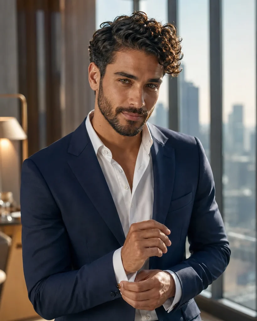 Handsome man wearing a classic side part with loose natural curls