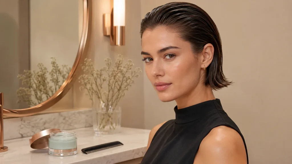 short hair slicked back with glossy clean confident finish