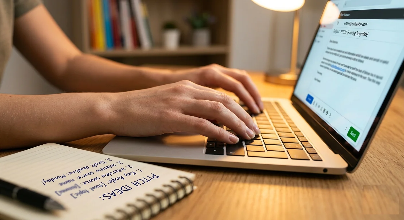 hands typing guest post pitch email on laptop with handwritten notes beside it for Hair Is Curly write for us submission