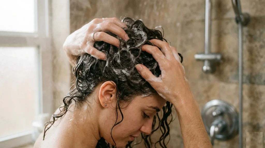 Hands massaging sulfate-free shampoo into scalp using fingertips on curly hair