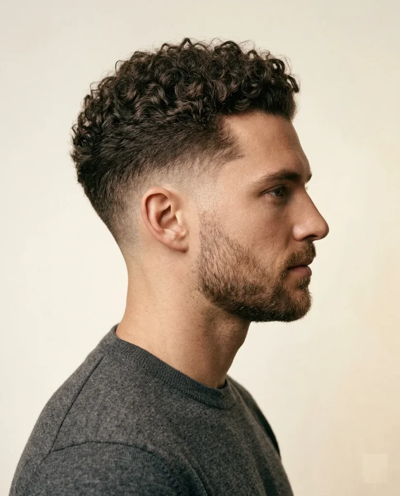 Side profile of man with taper fade and natural 3c curls on top Title: Taper Fade with Defined Curls 