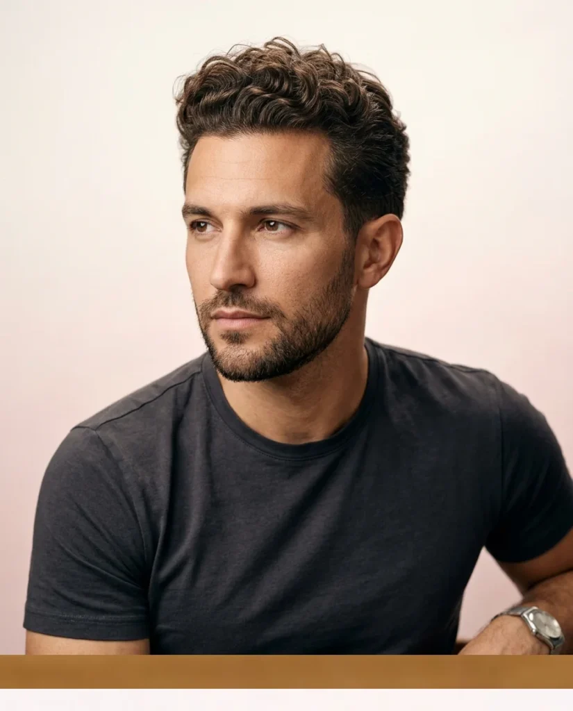 Man with 3b curls styled in textured push-back haircut with shorter sides