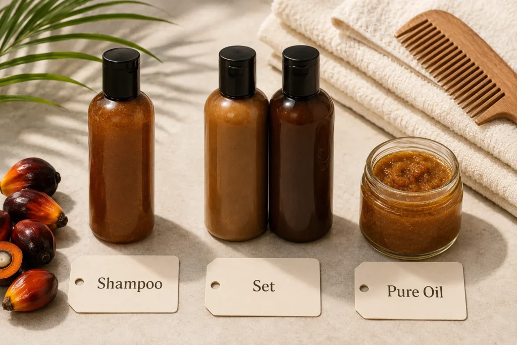 Unbranded Batana oil shampoo, conditioner set and pure oil jar arranged as a product format comparison.