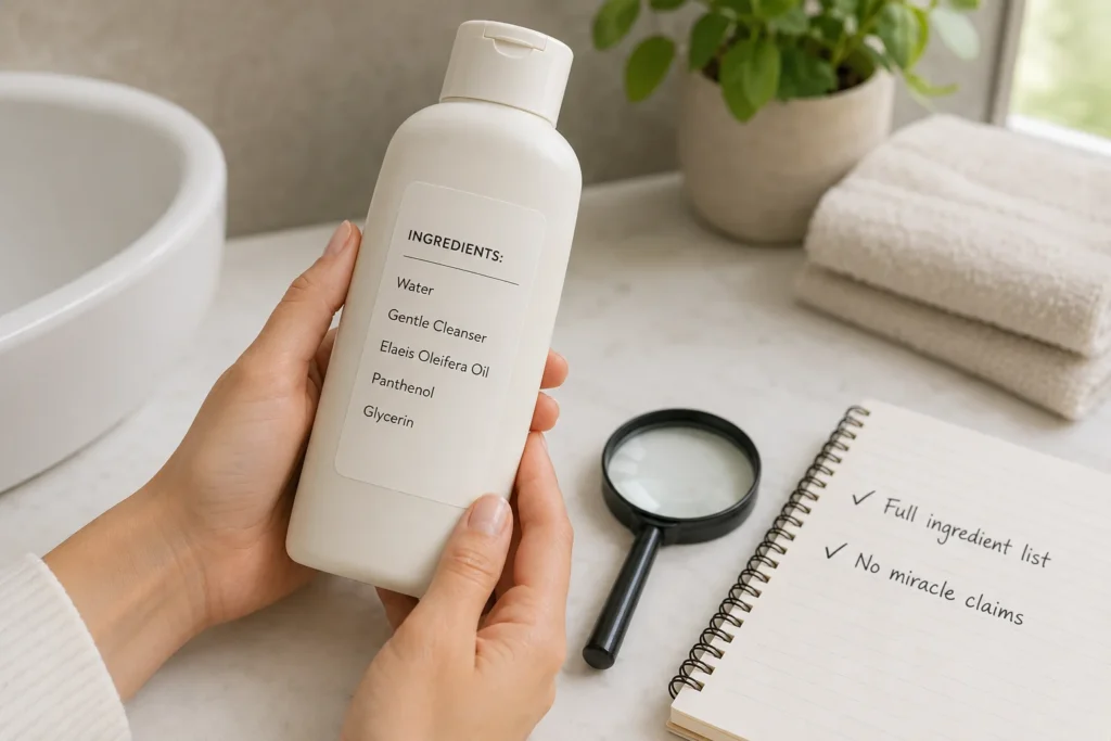 Close-up of an unbranded shampoo ingredient label showing Elaeis oleifera oil and simple label-check notes.