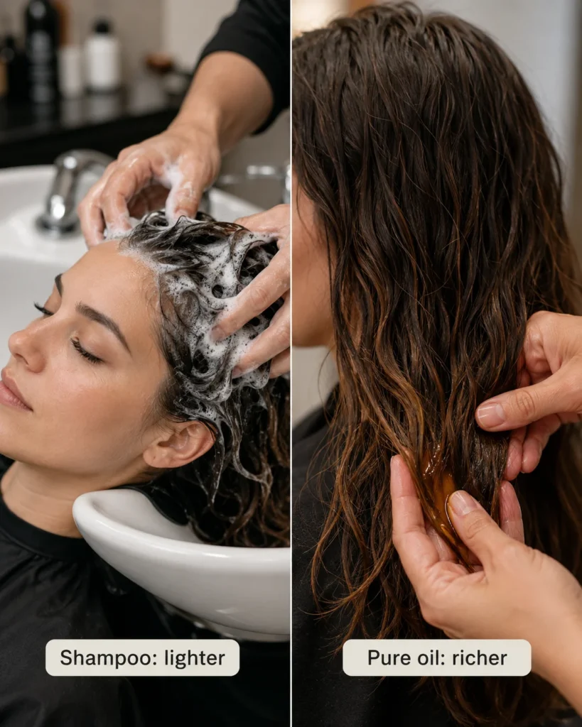 Split image comparing Batana oil shampoo lather at the scalp with pure Batana-style oil applied to hair lengths.