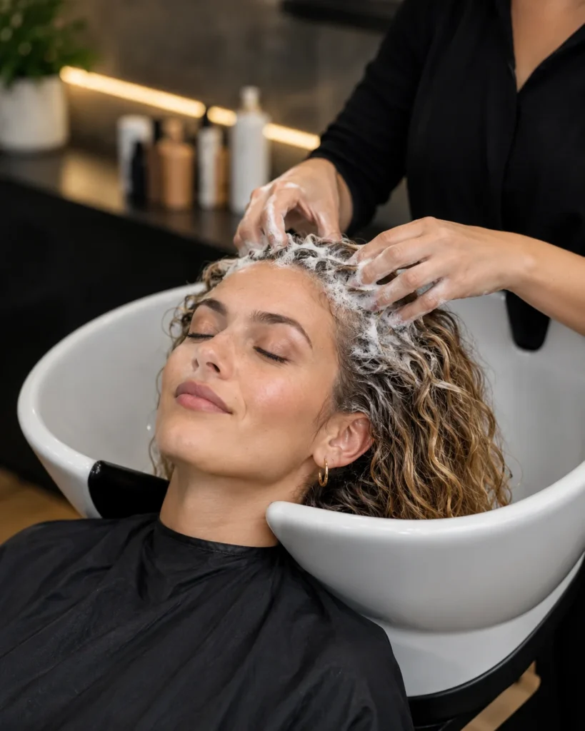 Stylist gently massaging Batana oil shampoo at the scalp of a woman with wavy curly hair