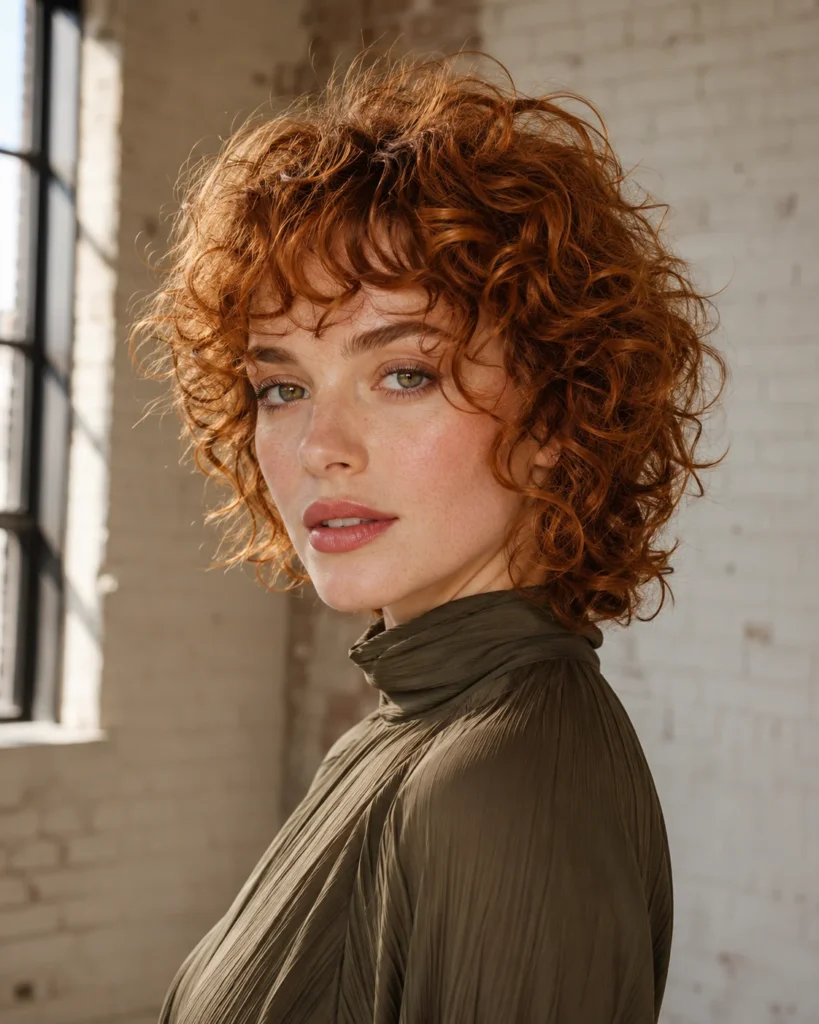 Short copper curly shag with airy separated bangs and crown layers
