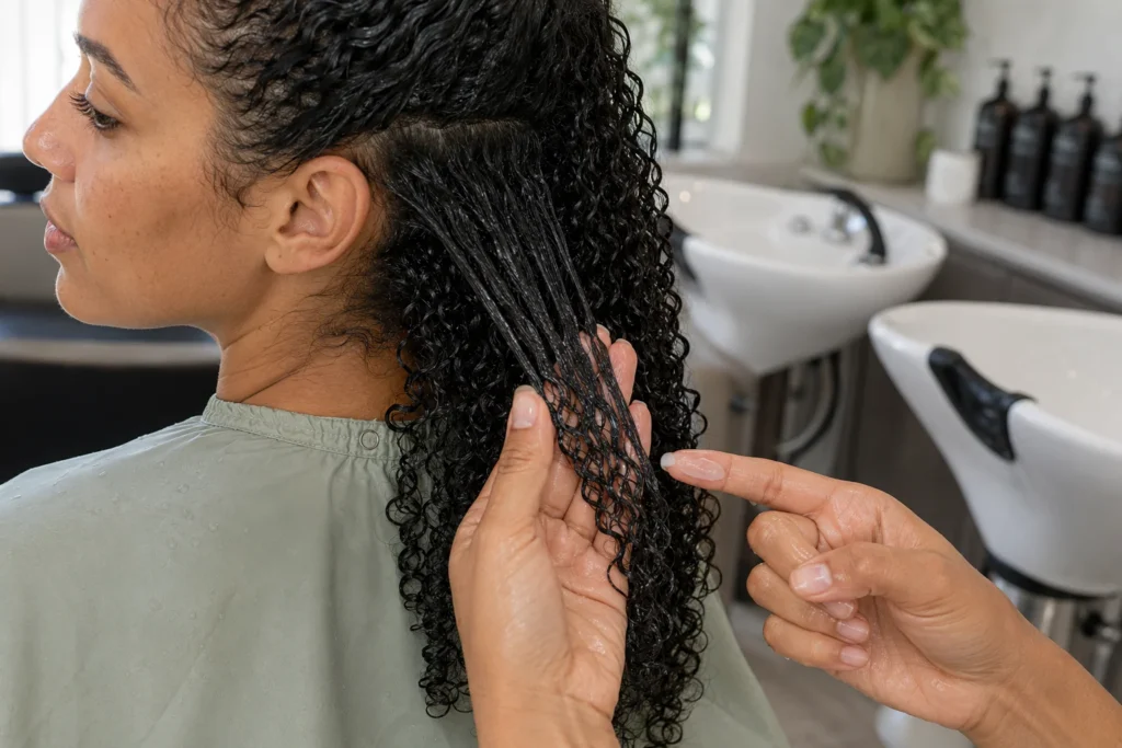 Woman smoothing a small amount of clear curl custard through soaking-wet curls.