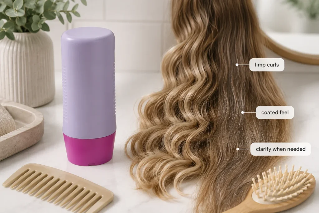 Wavy hair showing soft definition beside flatter hair with conditioner buildup signs