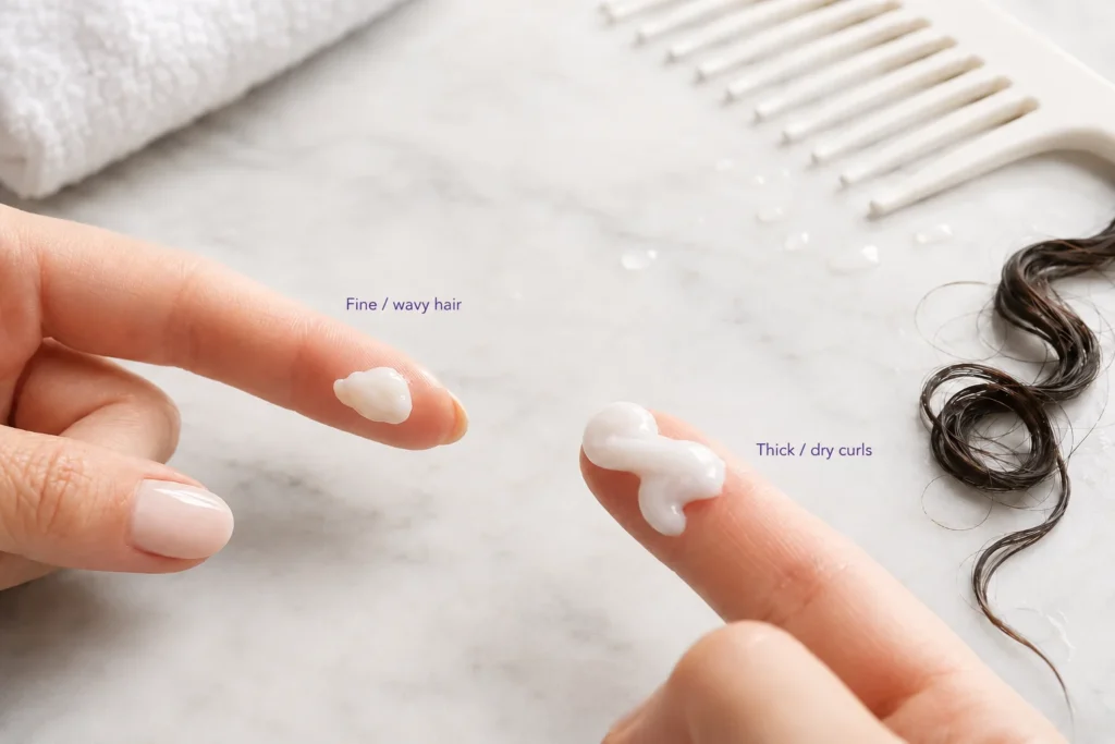Conditioner amounts for fine wavy hair and thick dry curls shown on fingertips