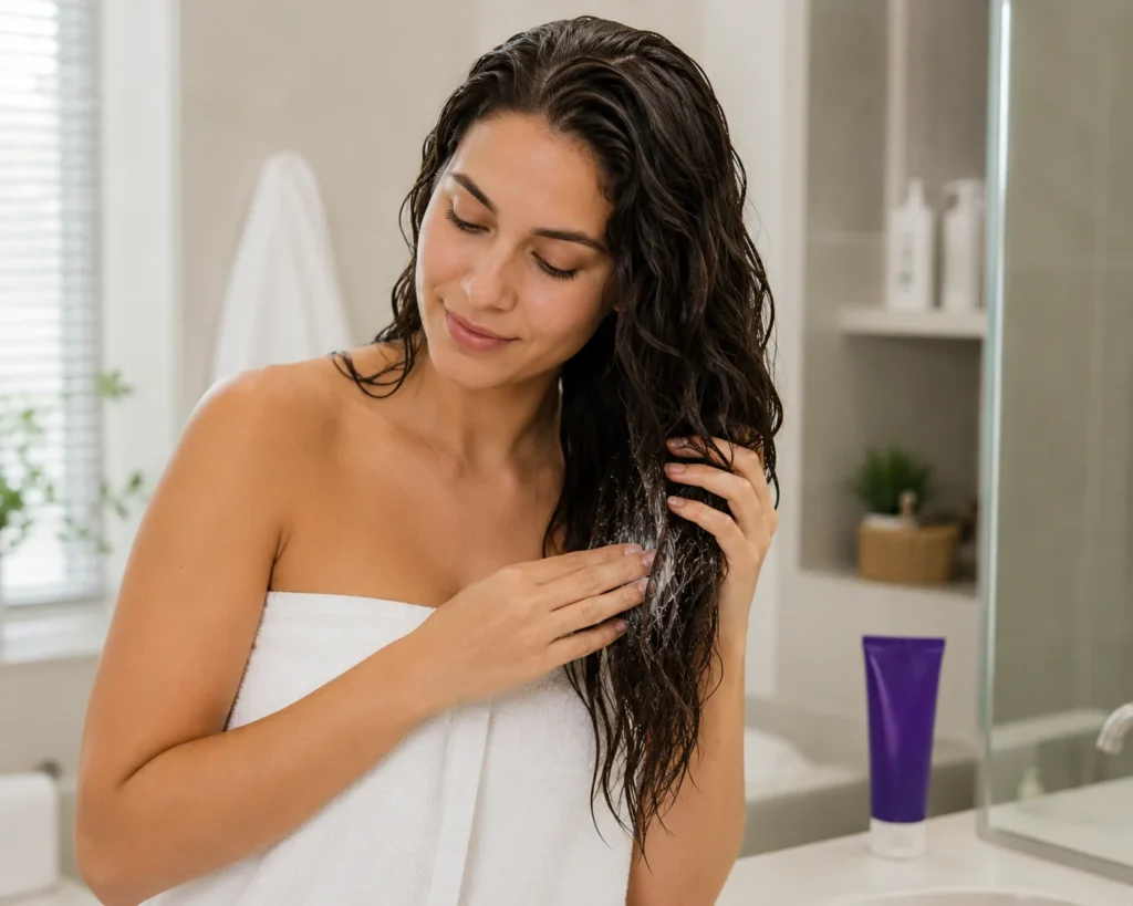 Woman applying conditioner to the mid-lengths and ends of damp wavy hair
