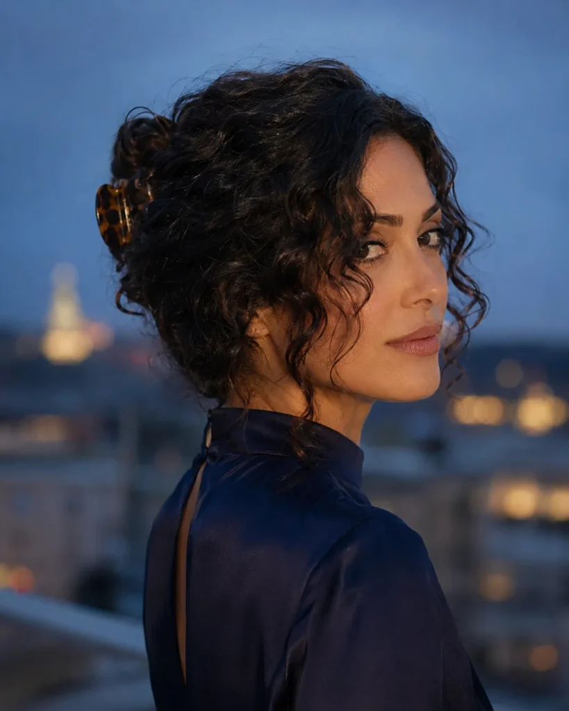 Textured curly updo with long cheekbone pieces framing the face.