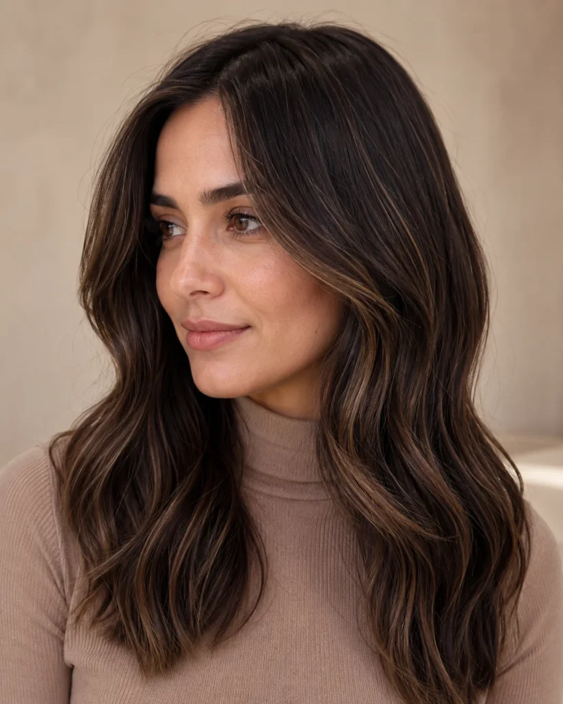 Barely-there caramel babylights on dark brown hair with a soft natural glow