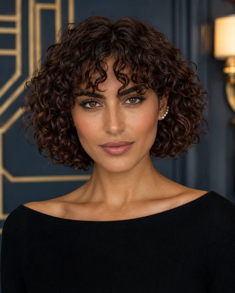 Chin-length auburn French curly bob with brow-skimming parted bangs.