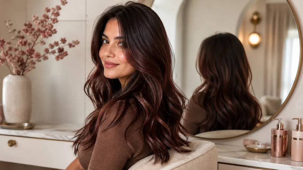 brown cherry cola hair showing soft red brunette tone with natural shine