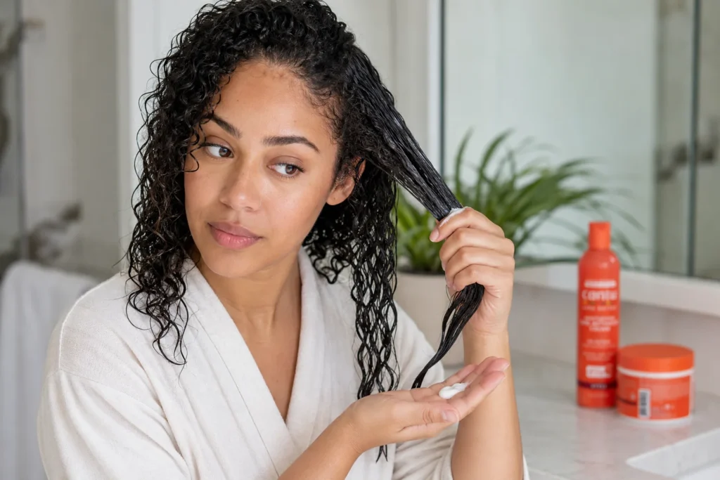 Woman applying a small amount of curl cream to soaking wet curly hair