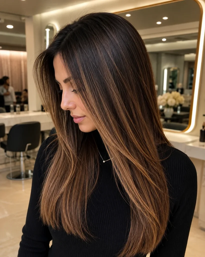 Caramel foils on dark brown straight hair with even salon highlight placement