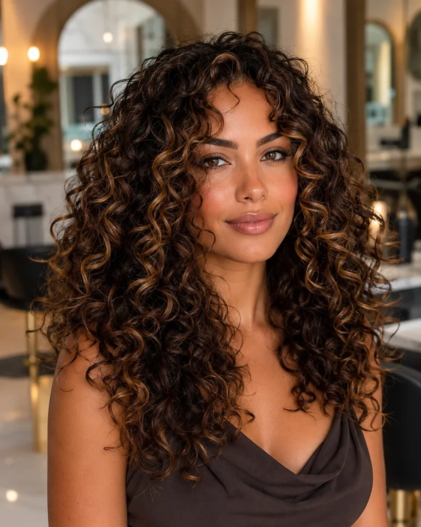 Caramel highlights on dark brown curly hair placed on outer curl layers