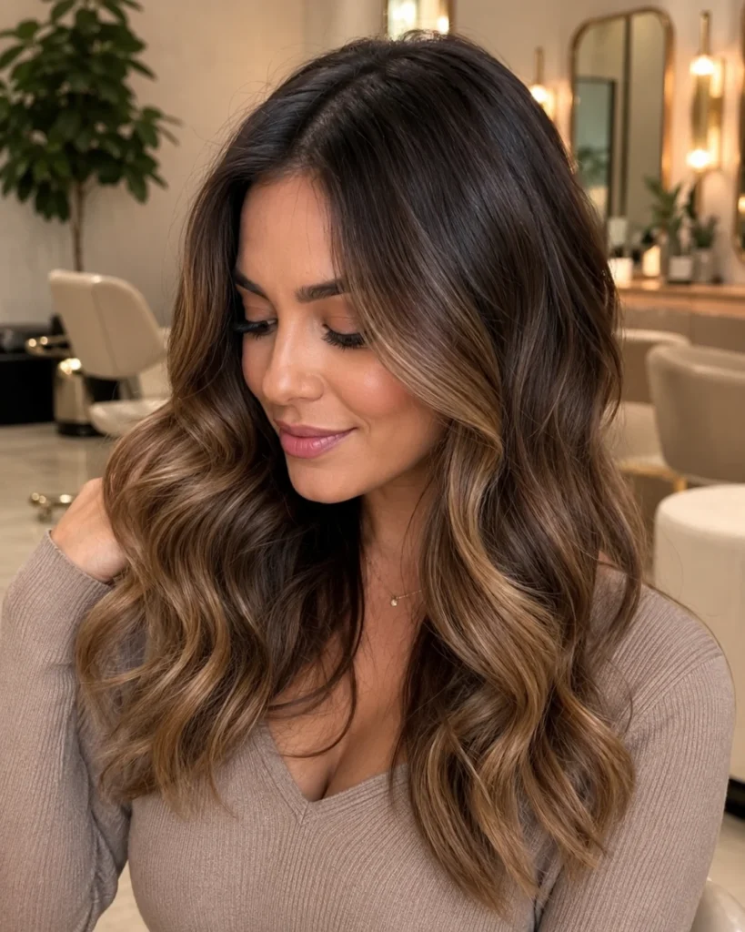 Caramel highlights with dark root shadow blended into brunette waves
