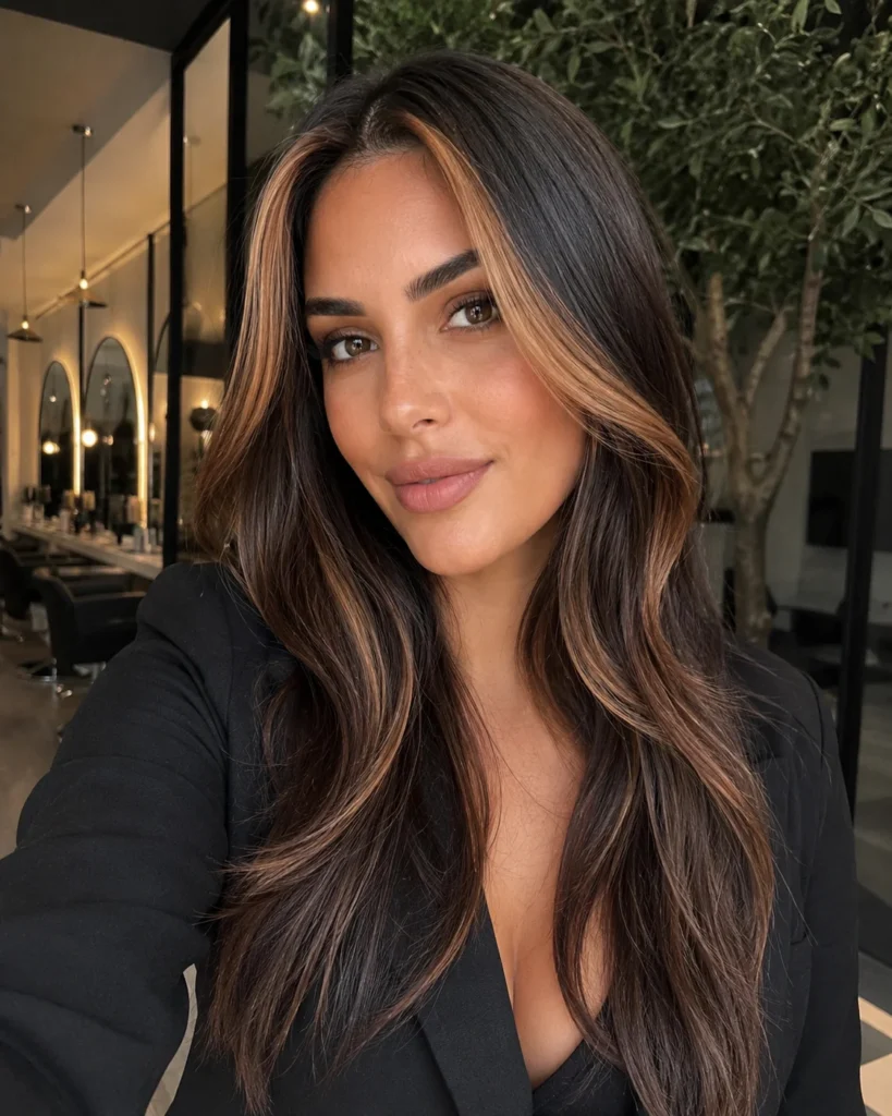 Caramel money pieces on dark brown hair with bright face-framing highlights