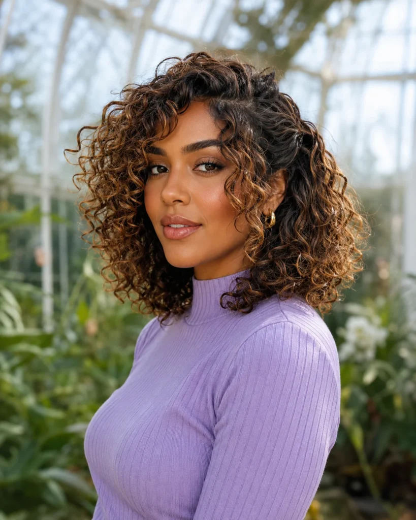 Shoulder-length caramel curls with curtain bangs ending at the cheekbones.