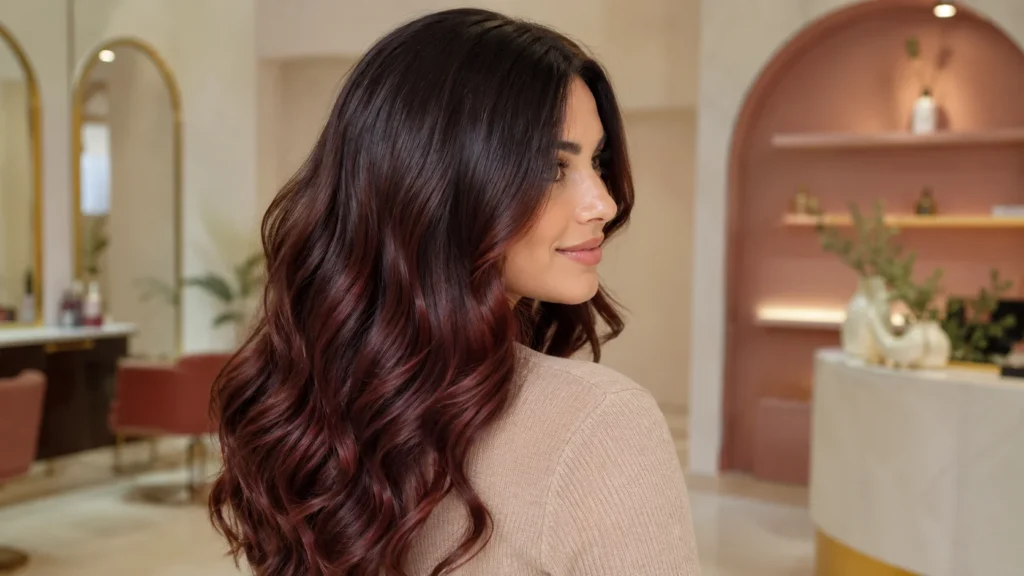 cherry cola balayage on dark hair with soft painted red brunette ends