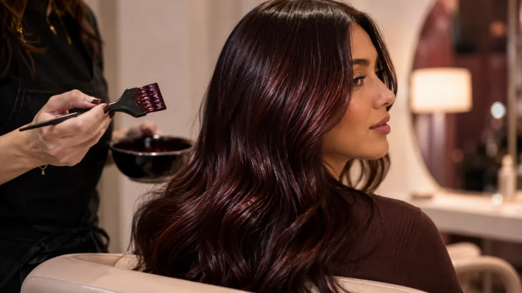 cherry cola gloss on dark hair showing subtle red shine and glossy finish