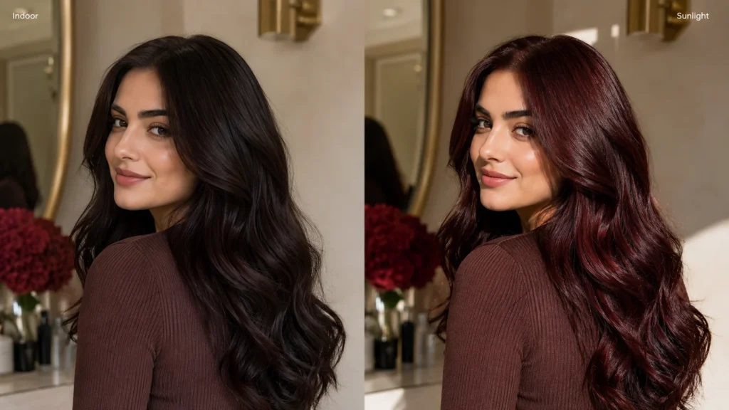 cherry cola hair on dark hair showing brunette indoors and red glow in sunlight