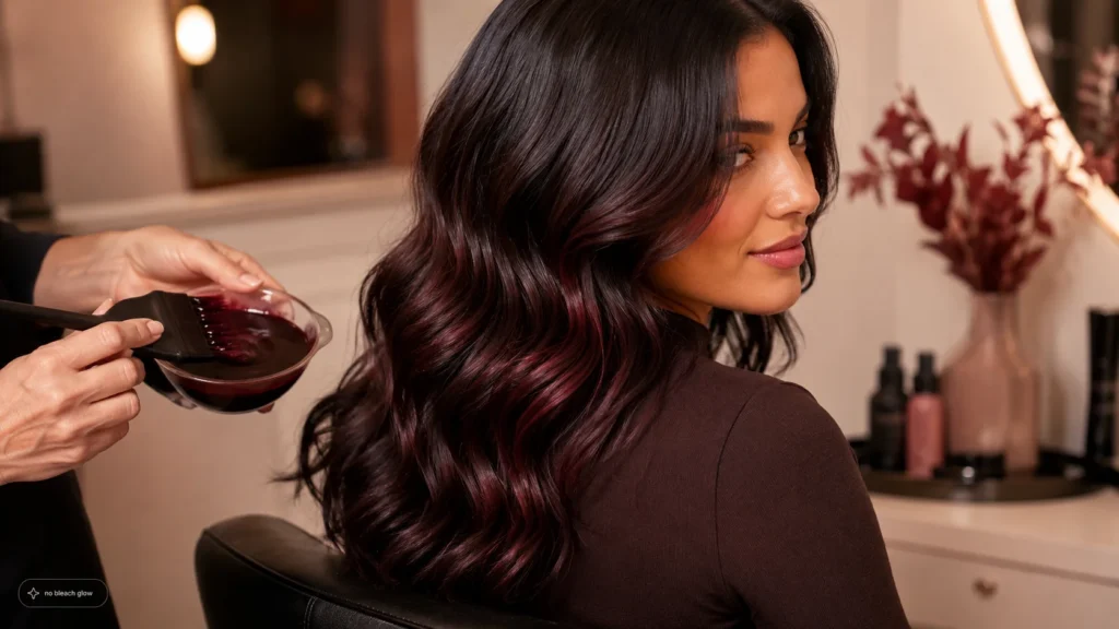 cherry cola hair without bleach showing subtle red shine on dark brunette hair