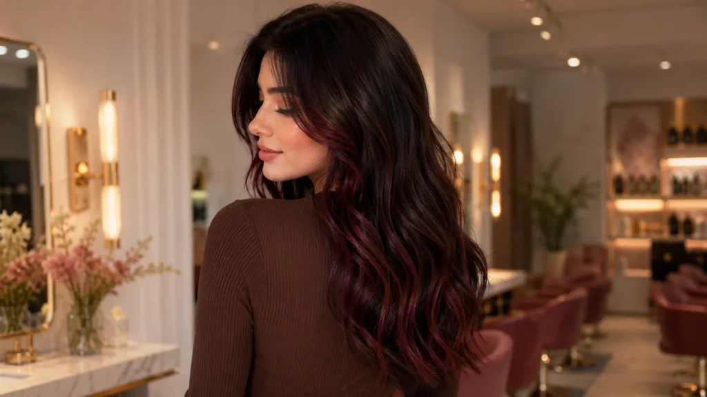 cherry cola highlights in dark hair showing red ribbons through brunette waves