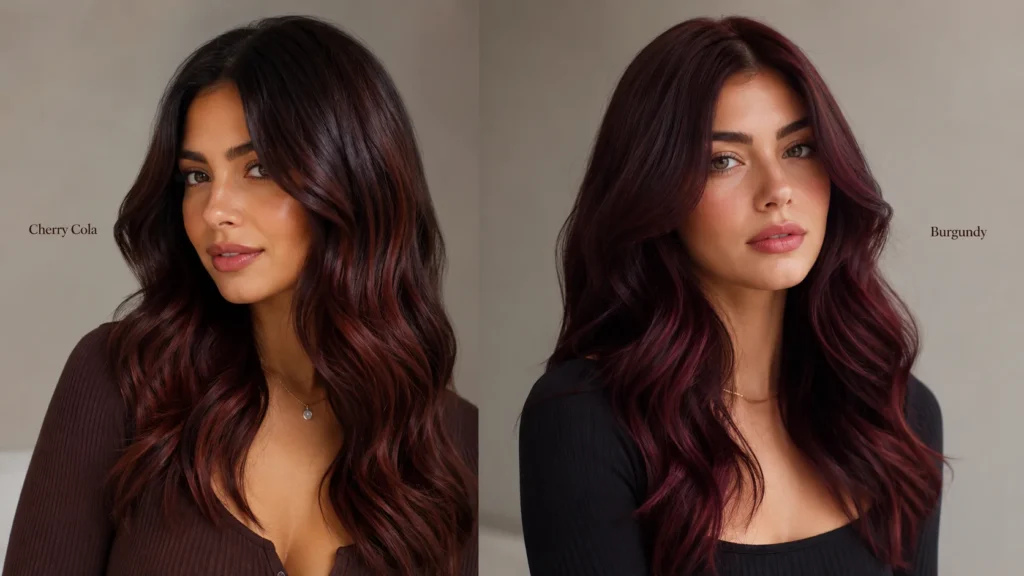cherry cola and burgundy hair color comparison showing warm brunette red and cool wine violet tones