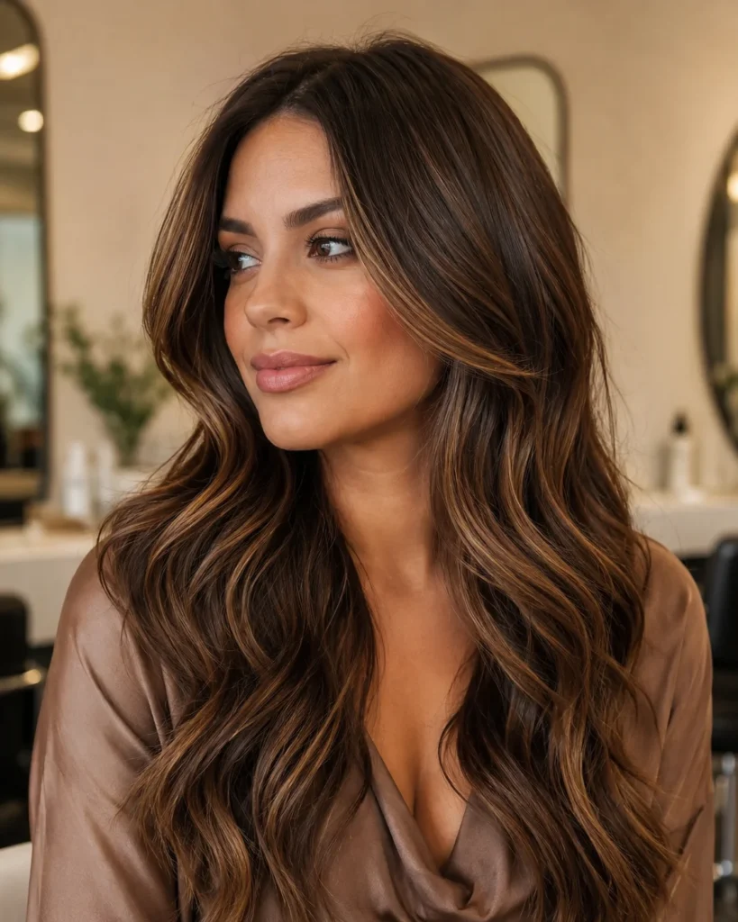 Chocolate brown hair with caramel highlights adding soft natural dimension