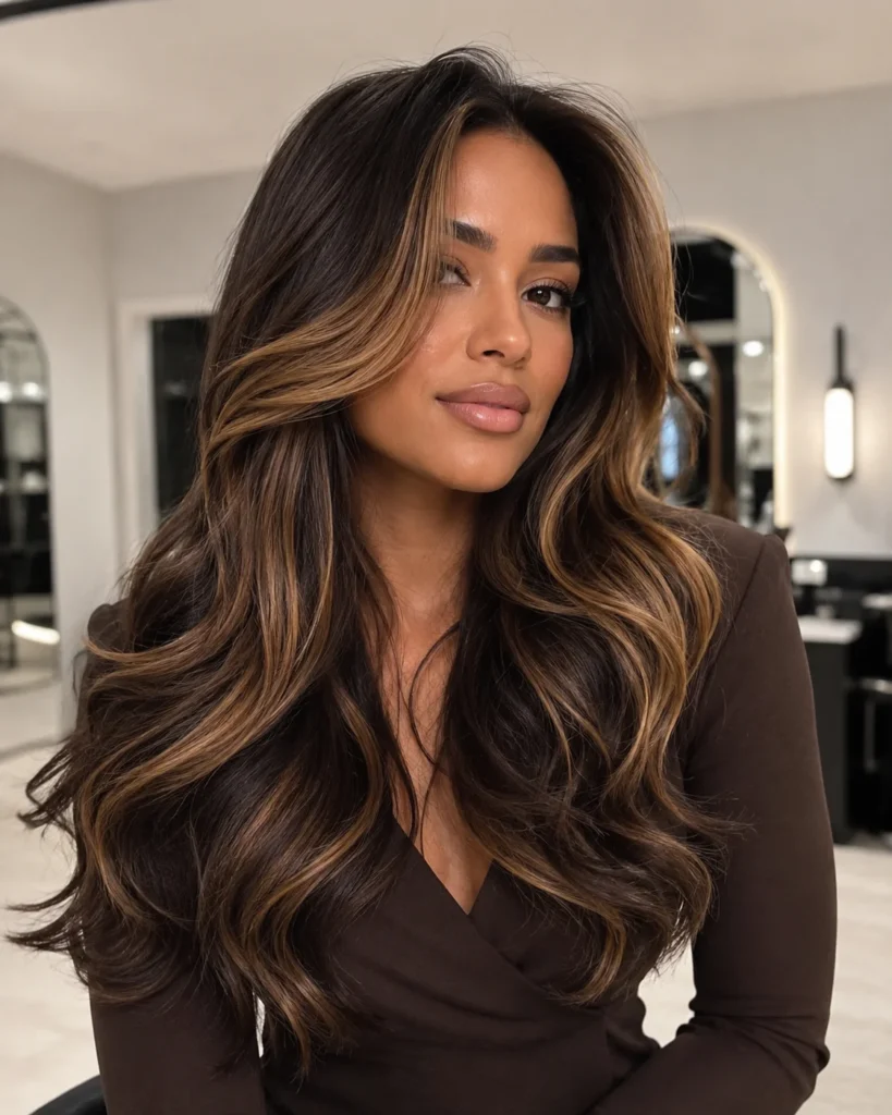 Chunky blended caramel highlights on dark brown layered hair with modern contrast