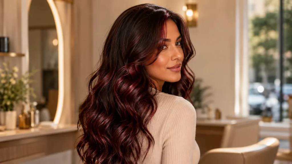 classic cherry cola brunette hair showing dark brown base with red glow in soft light