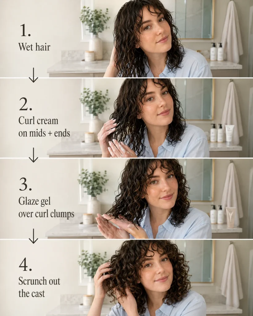 Four-step routine showing wet hair, curl cream, gel, and scrunching out the cast.